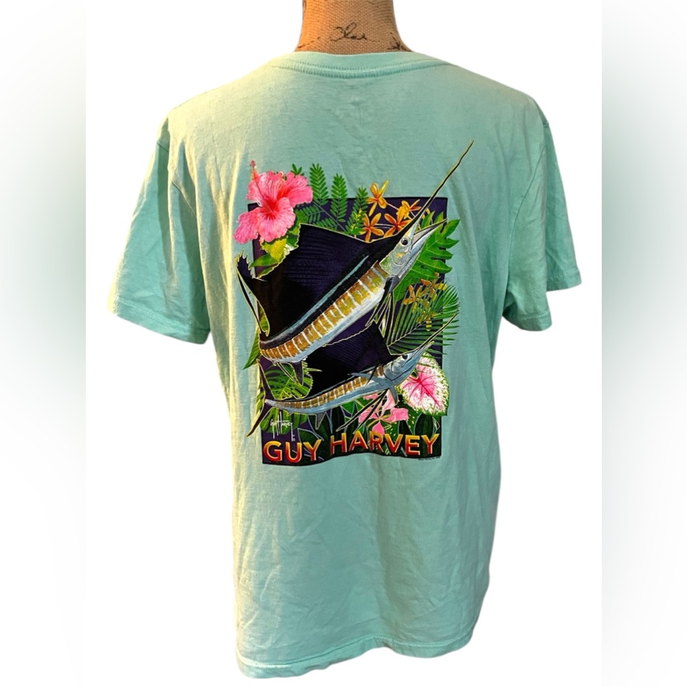 Guy Harvey Ladies Floral Sailfish Short Sleeve Light Blue T-Shirt